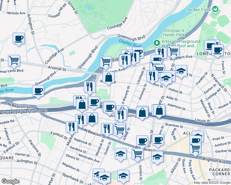 map of restaurants, bars, coffee shops, grocery stores, and more near 19 Bronsdon Street in Boston