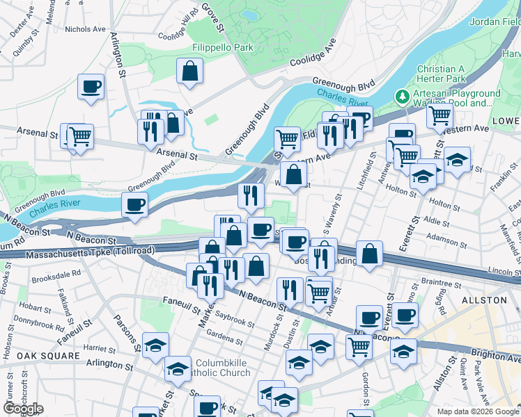 map of restaurants, bars, coffee shops, grocery stores, and more near in Boston