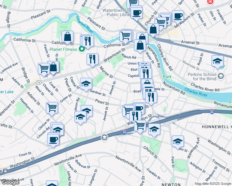 map of restaurants, bars, coffee shops, grocery stores, and more near 96 Boyd Street in Watertown