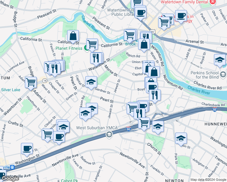 map of restaurants, bars, coffee shops, grocery stores, and more near 24 Rockland Street in Newton