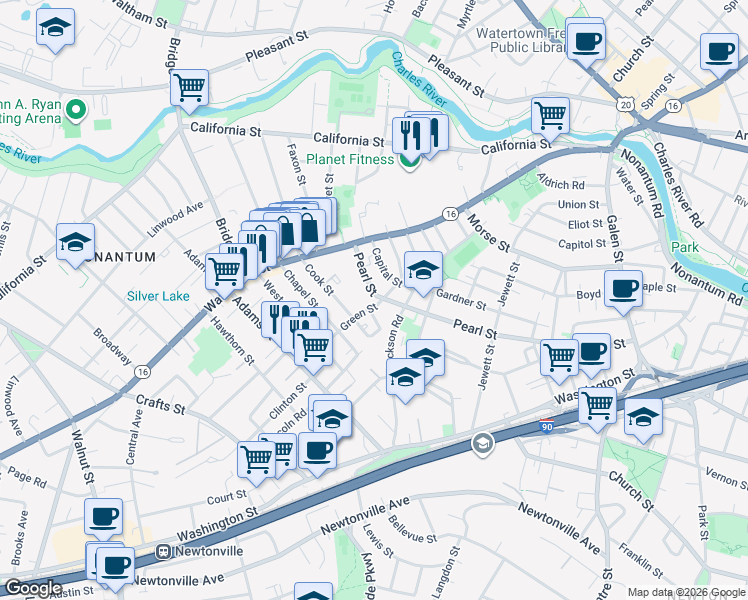 map of restaurants, bars, coffee shops, grocery stores, and more near 231 Pearl Street in Newton