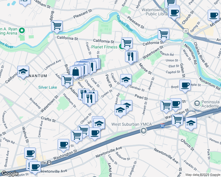 map of restaurants, bars, coffee shops, grocery stores, and more near 231 Pearl Street in Newton