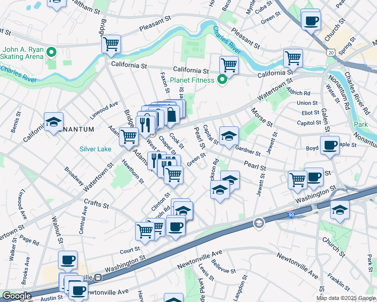 map of restaurants, bars, coffee shops, grocery stores, and more near 50 Cook Street in Newton