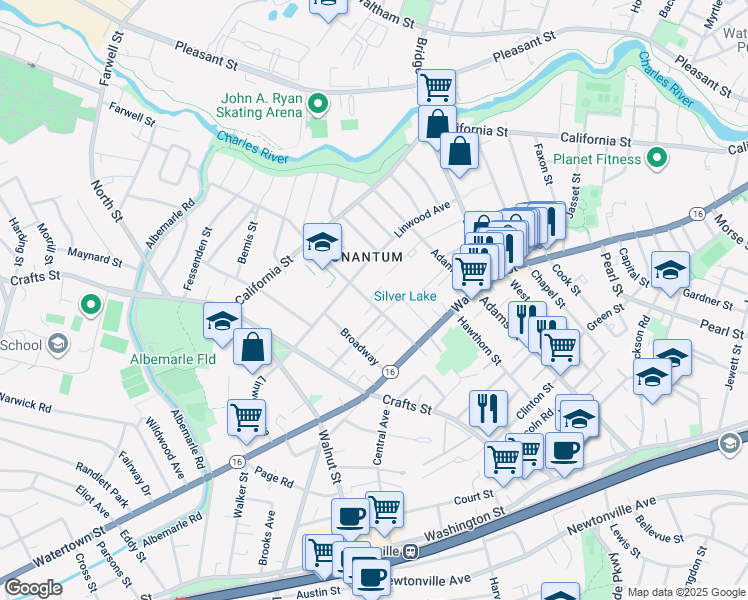 map of restaurants, bars, coffee shops, grocery stores, and more near 280 Nevada Street in Newton