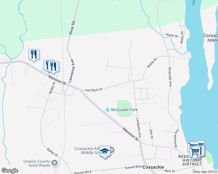map of restaurants, bars, coffee shops, grocery stores, and more near 47 Van Dyck St in Coxsackie