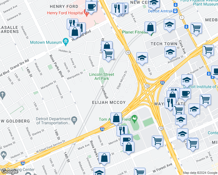 map of restaurants, bars, coffee shops, grocery stores, and more near 5808 Lincoln Street in Detroit