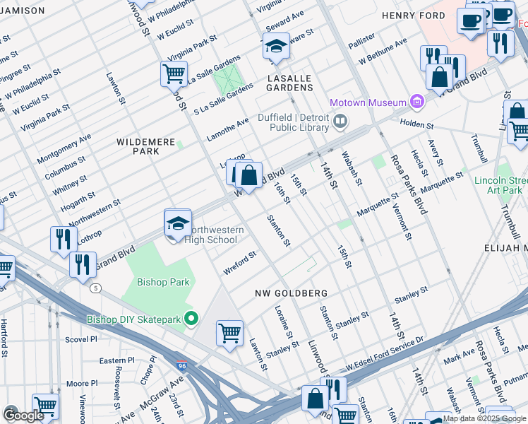 map of restaurants, bars, coffee shops, grocery stores, and more near 6537 Stanton Street in Detroit