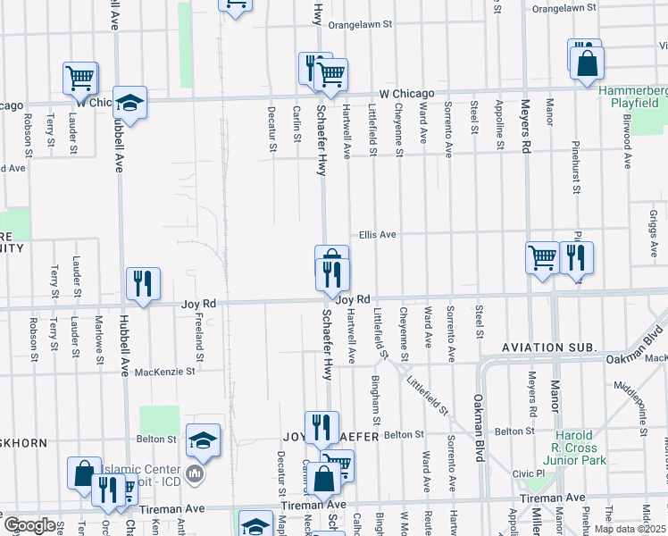 map of restaurants, bars, coffee shops, grocery stores, and more near 8889 Hartwell Avenue in Detroit