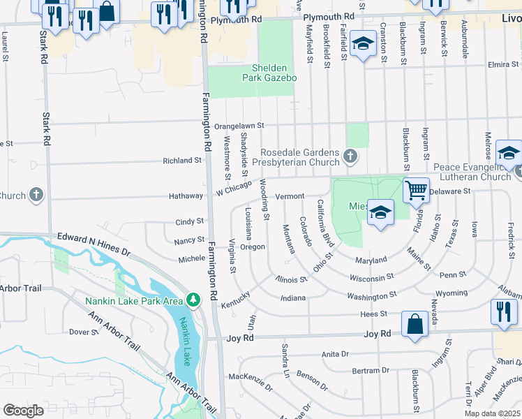 map of restaurants, bars, coffee shops, grocery stores, and more near 32901 Vermont in Livonia