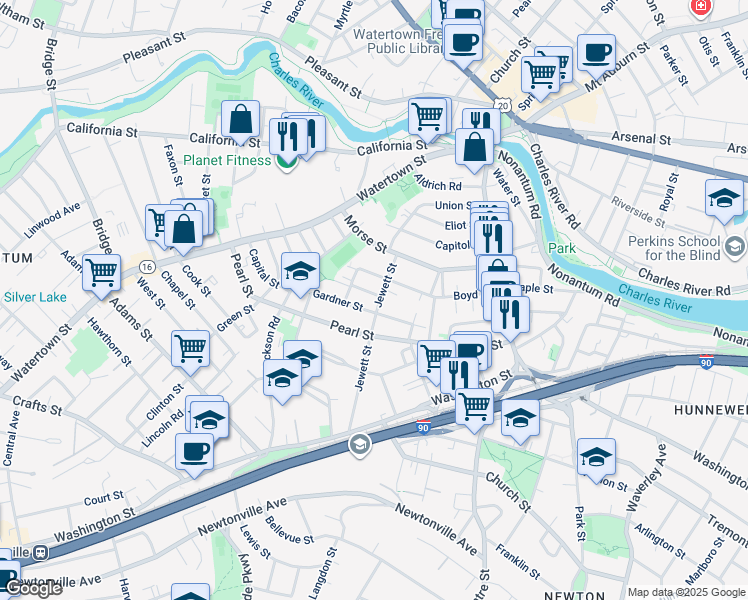 map of restaurants, bars, coffee shops, grocery stores, and more near 24 Rockland Street in Newton