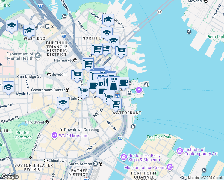map of restaurants, bars, coffee shops, grocery stores, and more near 35 Commercial Street in Boston