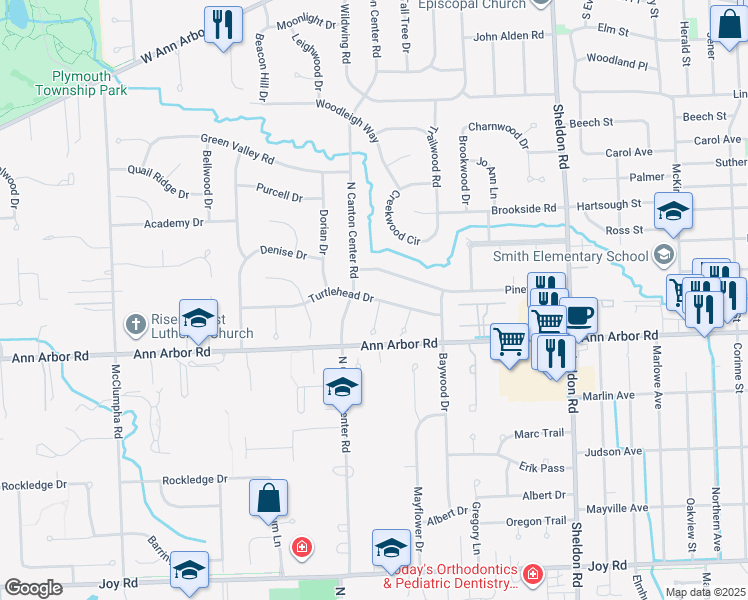 map of restaurants, bars, coffee shops, grocery stores, and more near 45183 Turtlehead Drive in Plymouth