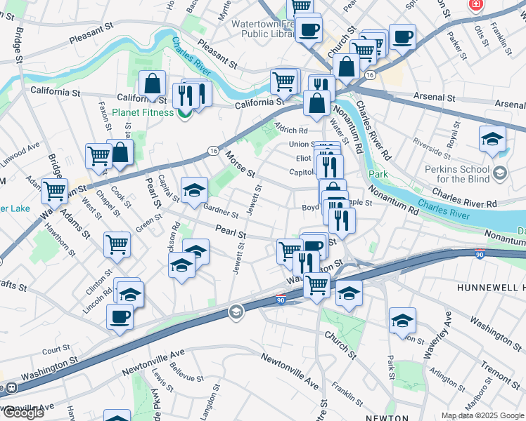 map of restaurants, bars, coffee shops, grocery stores, and more near 96 Boyd Street in Watertown