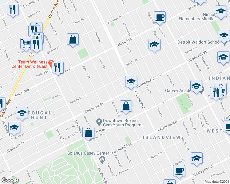 map of restaurants, bars, coffee shops, grocery stores, and more near 2931 Canton Street in Detroit