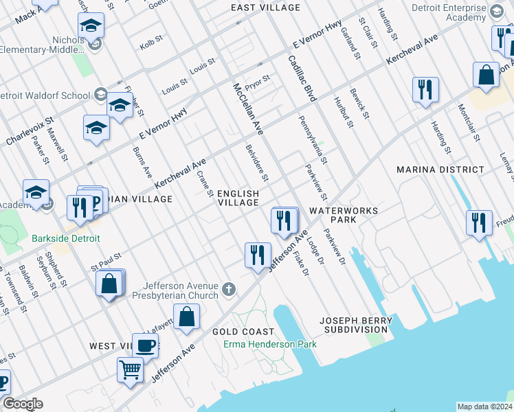 map of restaurants, bars, coffee shops, grocery stores, and more near 1401 Holcomb Street in Detroit