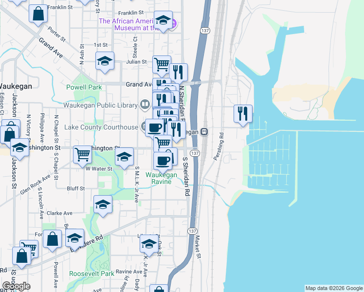 map of restaurants, bars, coffee shops, grocery stores, and more near 11 North Sheridan Road in Waukegan