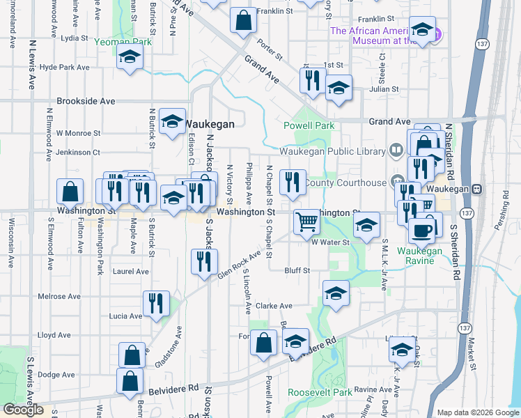 map of restaurants, bars, coffee shops, grocery stores, and more near 810 Washington Street in Waukegan