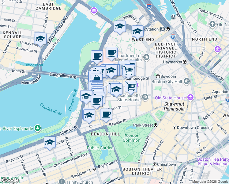 map of restaurants, bars, coffee shops, grocery stores, and more near 34 Grove Street in Boston