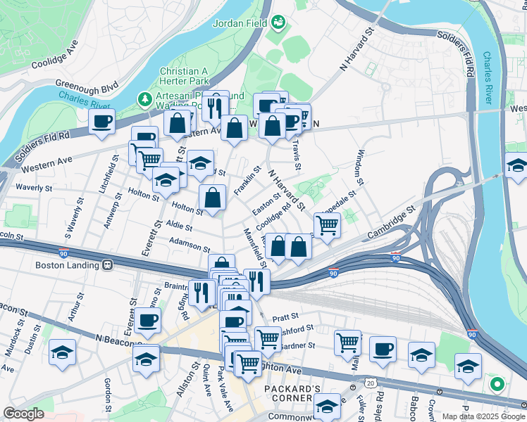 map of restaurants, bars, coffee shops, grocery stores, and more near 24 Easton Street in Brookline