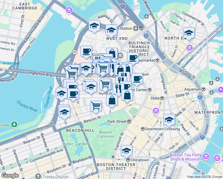 map of restaurants, bars, coffee shops, grocery stores, and more near 72 Joy Street in Boston