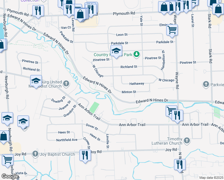 map of restaurants, bars, coffee shops, grocery stores, and more near 35738 Minton Street in Livonia