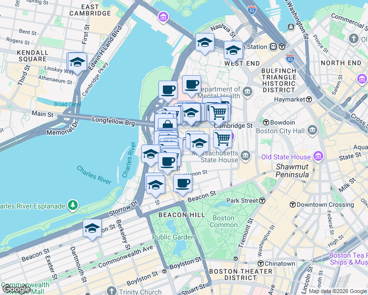map of restaurants, bars, coffee shops, grocery stores, and more near in Boston