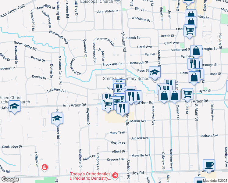 map of restaurants, bars, coffee shops, grocery stores, and more near 44567 Pinetree Drive in Plymouth