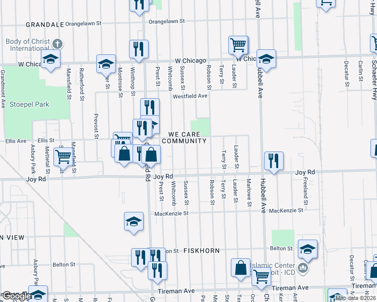 map of restaurants, bars, coffee shops, grocery stores, and more near 8919 Coyle Street in Detroit