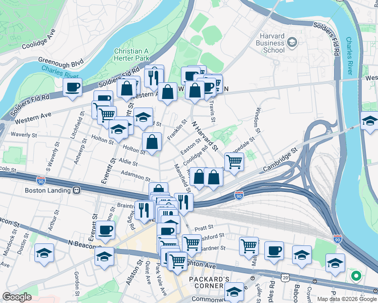 map of restaurants, bars, coffee shops, grocery stores, and more near 24 Easton Street in Boston