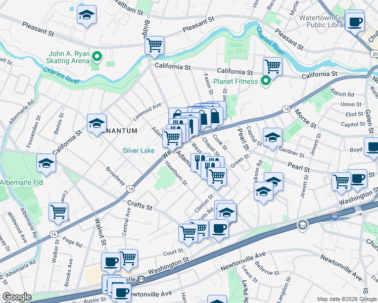 map of restaurants, bars, coffee shops, grocery stores, and more near 20 West Street in Newton