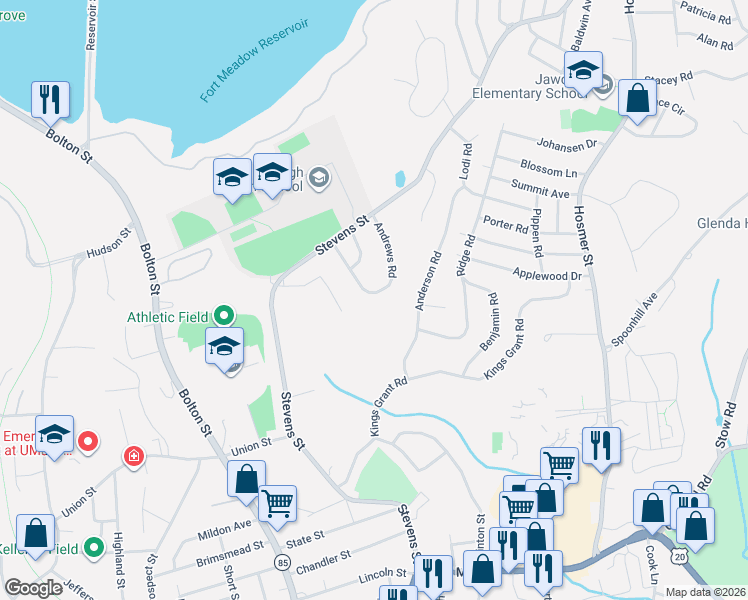 map of restaurants, bars, coffee shops, grocery stores, and more near 80 Andrews Road in Marlborough