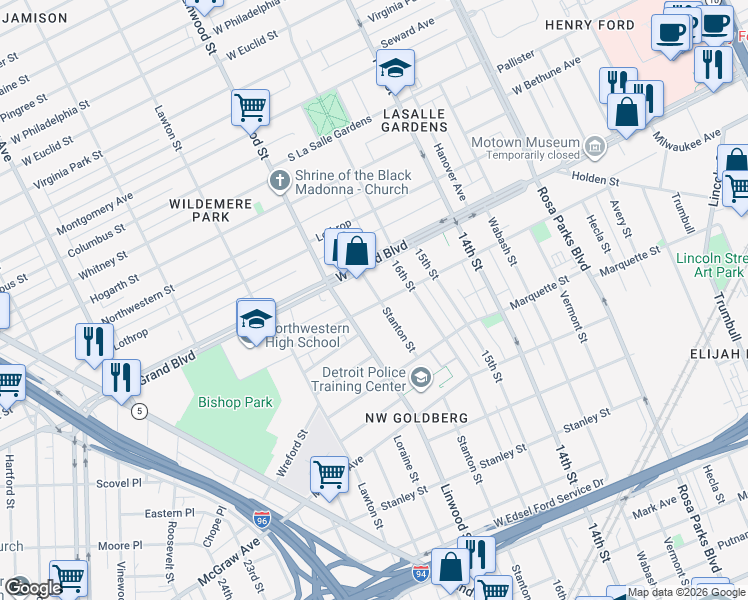 map of restaurants, bars, coffee shops, grocery stores, and more near 6537 Stanton Street in Detroit