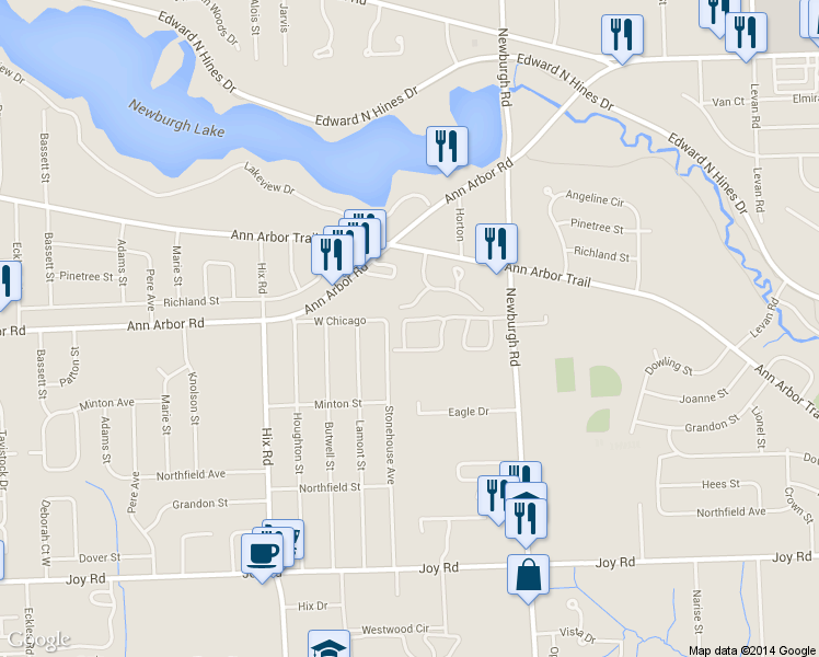 map of restaurants, bars, coffee shops, grocery stores, and more near 9366 Eastwind Dr in Livonia