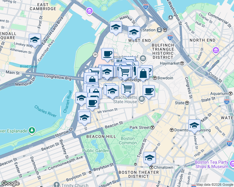 map of restaurants, bars, coffee shops, grocery stores, and more near 45 1/2 Garden Street in Boston