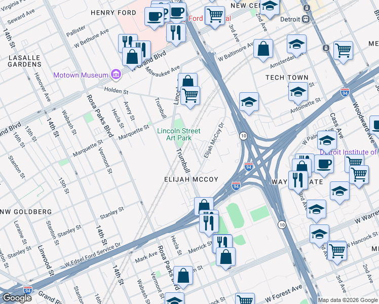 map of restaurants, bars, coffee shops, grocery stores, and more near 5808 Lincoln Street in Detroit