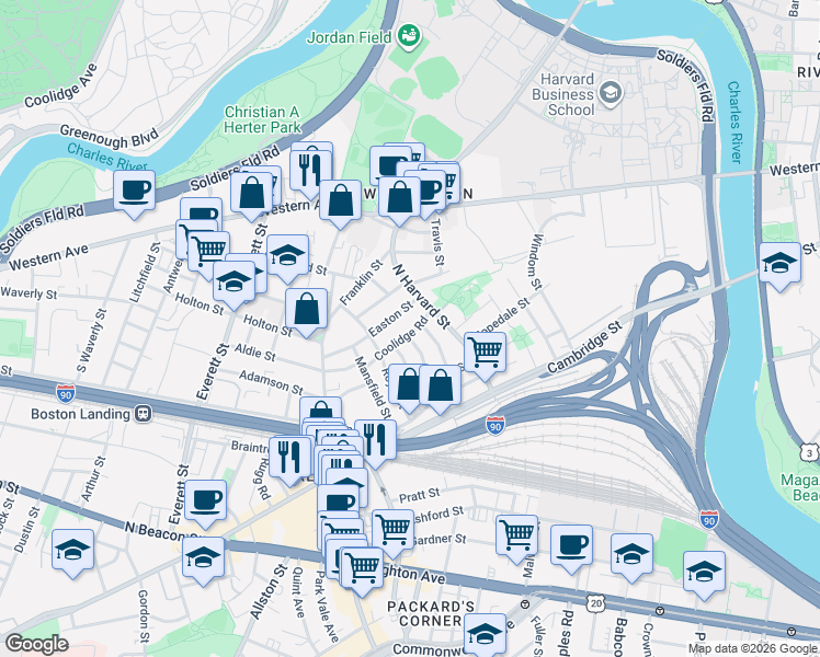 map of restaurants, bars, coffee shops, grocery stores, and more near 27 Coolidge Road in Boston