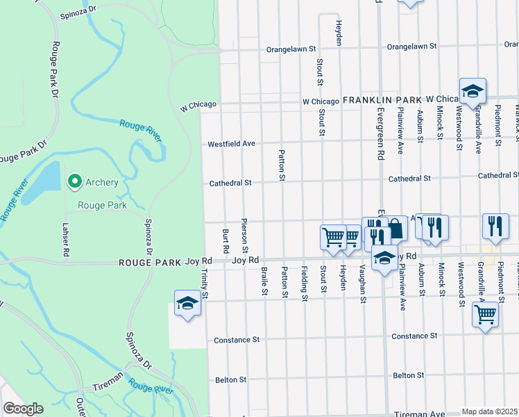 map of restaurants, bars, coffee shops, grocery stores, and more near 9035 Braile Street in Detroit