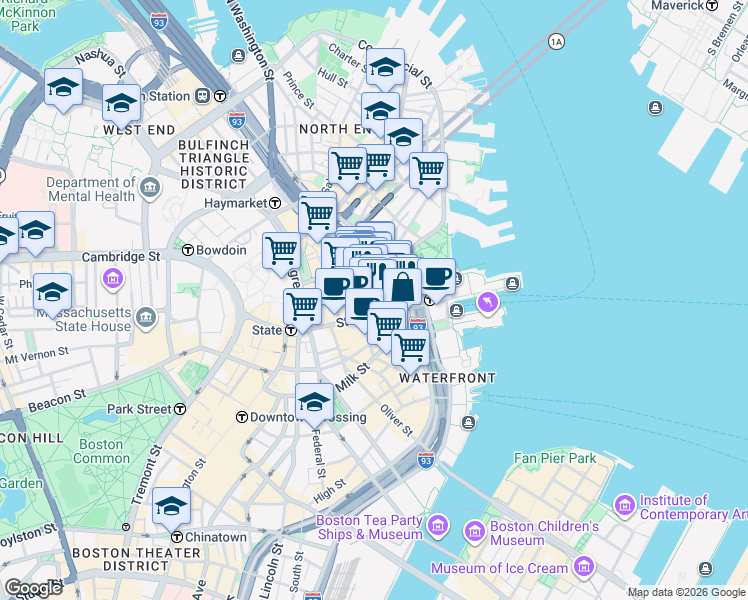 map of restaurants, bars, coffee shops, grocery stores, and more near 35 Commercial Street in Boston
