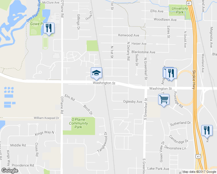 map of restaurants, bars, coffee shops, grocery stores, and more near 16 South 1st Street in Gurnee