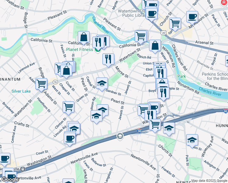map of restaurants, bars, coffee shops, grocery stores, and more near 31 Fayette Street in Newton
