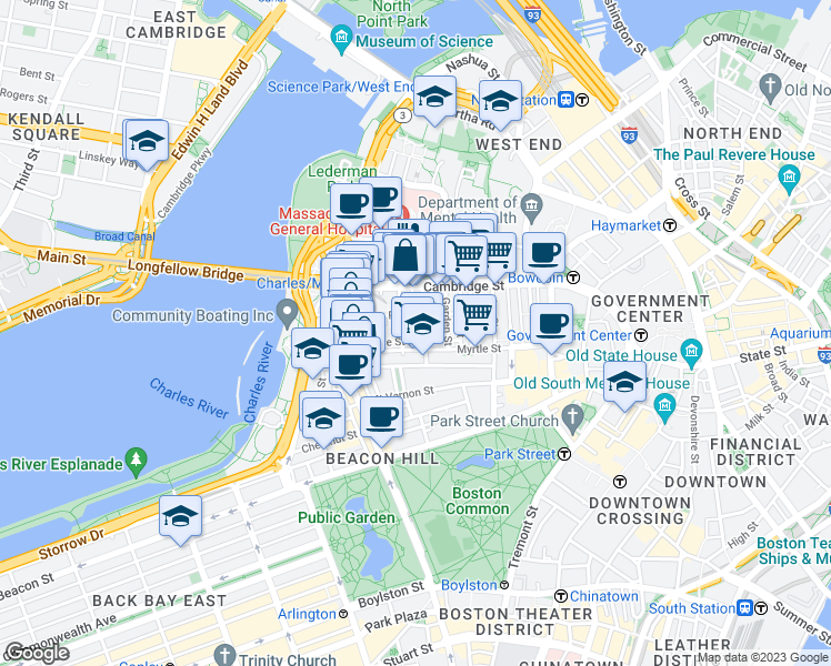 map of restaurants, bars, coffee shops, grocery stores, and more near 34 Grove Street in Boston