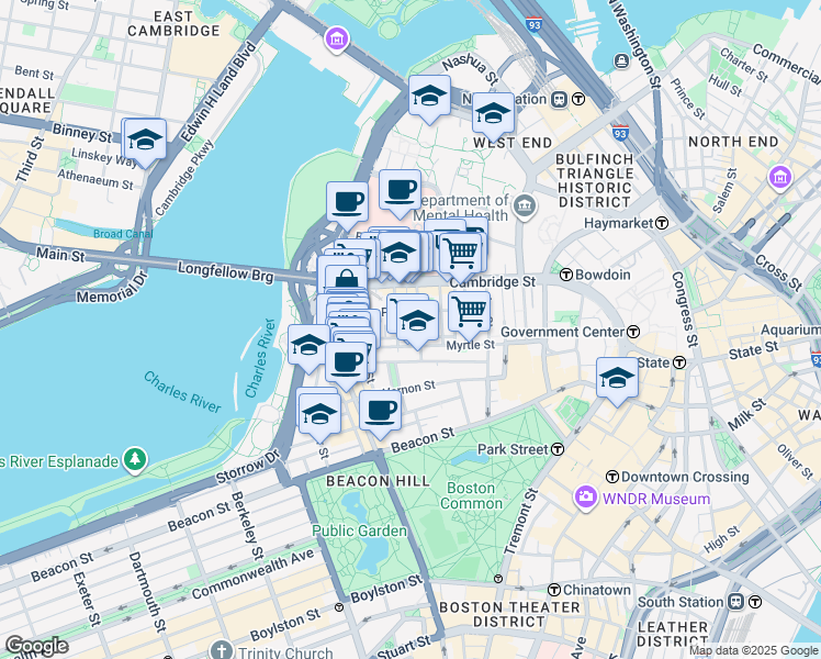 map of restaurants, bars, coffee shops, grocery stores, and more near 34 Grove Street in Boston