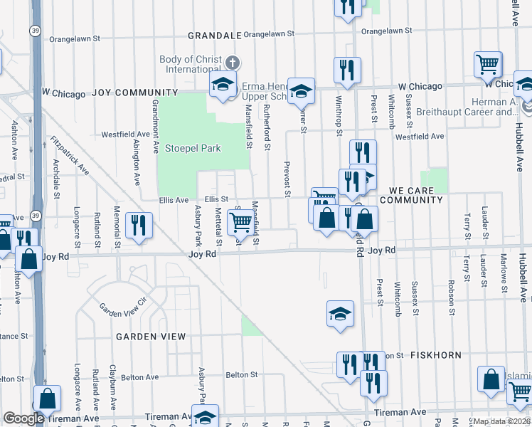 map of restaurants, bars, coffee shops, grocery stores, and more near 8940 Rutherford Street in Detroit