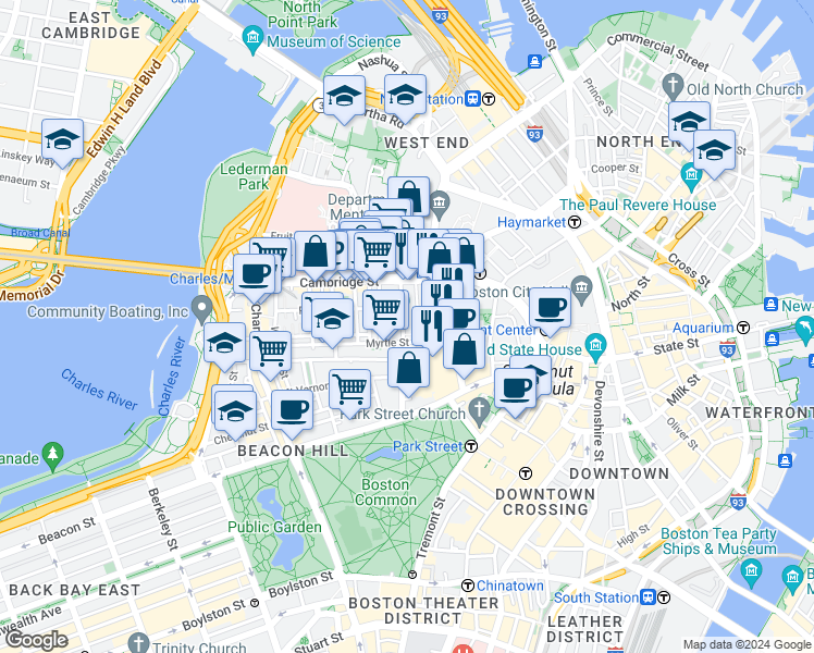 map of restaurants, bars, coffee shops, grocery stores, and more near 72 Joy Street in Boston