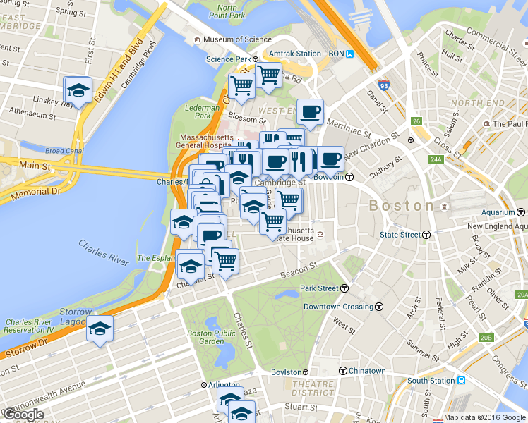 map of restaurants, bars, coffee shops, grocery stores, and more near 45 1/2 Garden Street in Boston