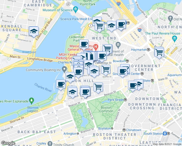 map of restaurants, bars, coffee shops, grocery stores, and more near in Boston