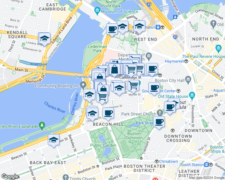 map of restaurants, bars, coffee shops, grocery stores, and more near in Boston