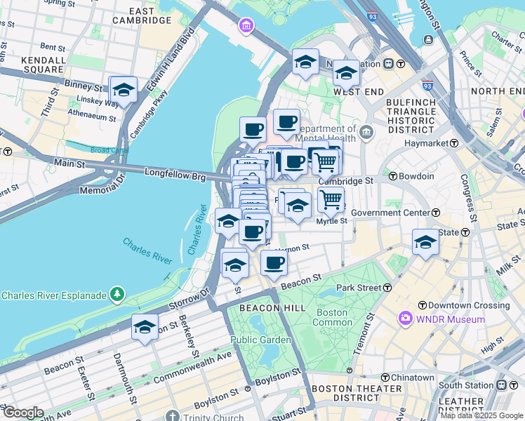 map of restaurants, bars, coffee shops, grocery stores, and more near 67 West Cedar Street in Boston