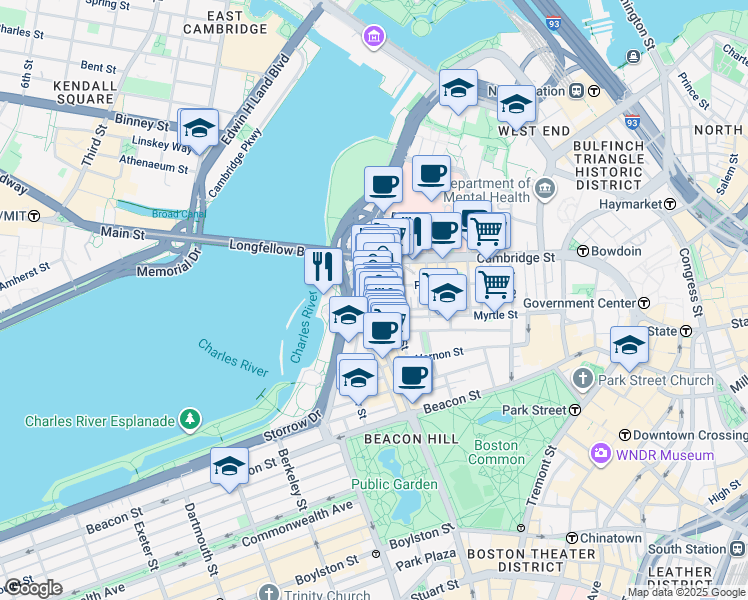 map of restaurants, bars, coffee shops, grocery stores, and more near 6 Charles River Square in Boston