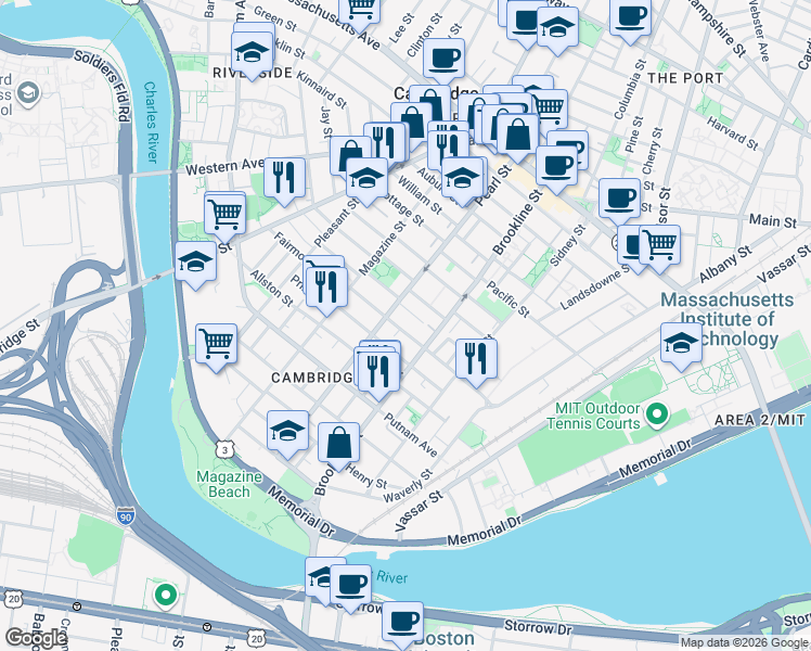 map of restaurants, bars, coffee shops, grocery stores, and more near 181 Erie Street in Cambridge
